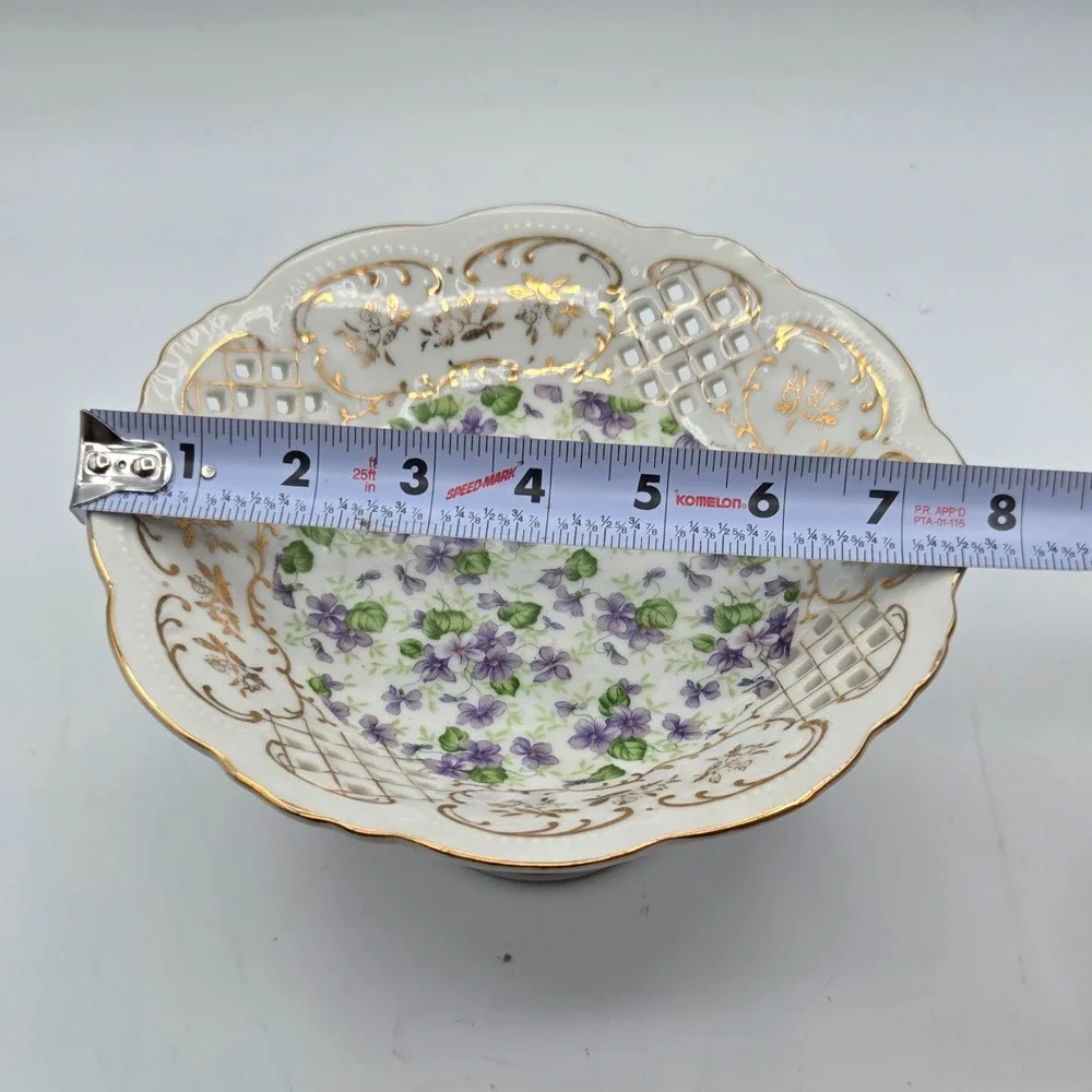 Lefton China Hand Painted Violet Chintz Gold Trim Pedestal Compote KF650V